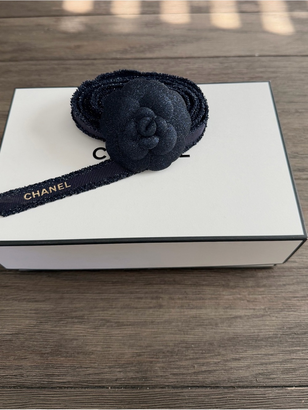 CHANEL navy blue Camellia Ribbon Hair Accent
